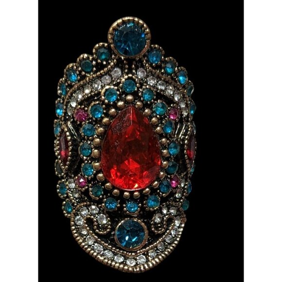 Bohemian Glam Red And Blue Gemmed Cocktail Ring - Picture 1 of 7